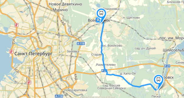 Карта маршрута следования общественного транспорта Лен. области